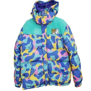 Teddy fresh x ripndip Mens Medium Jacket Puffer hoodie Camo Colorful quilted HTF